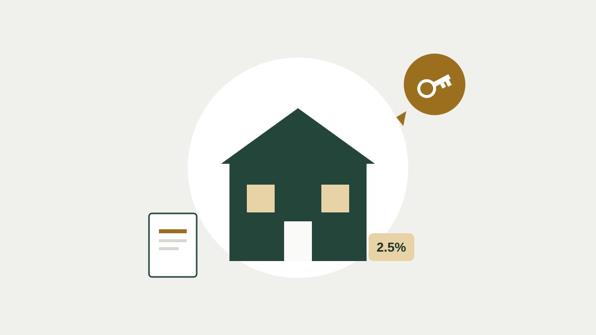 Flat illustration of a new-build house, a document and a coin, representing first-time buyer mortgage schemes in 2026.